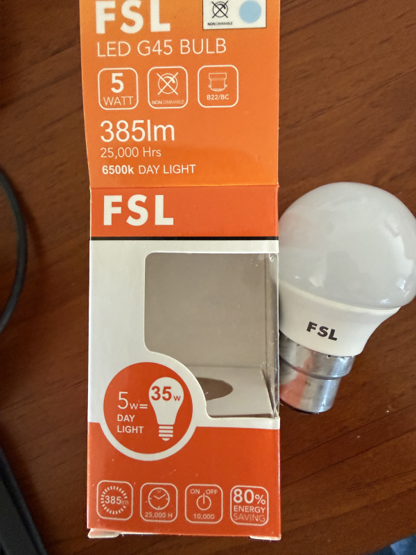FSL LED Bulb G45-5-B22 FSL G45-5W, Daylight 6500K, Non-Dimmable