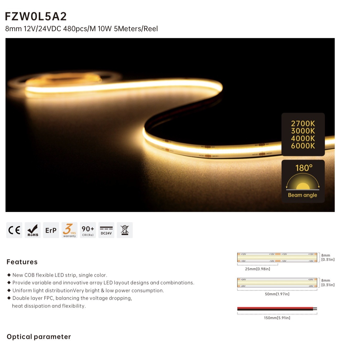 1M 11W 24V 3000K IP20 COB LED STRIP